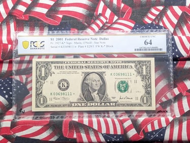2001 U.S. Federal Reserve One Dollar Star Note Graded 64 Choice UNC By PCGS