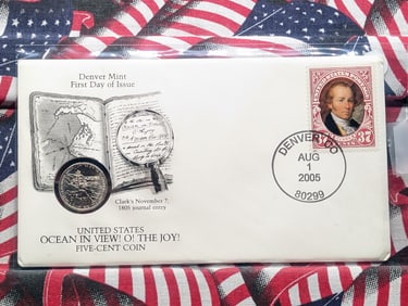 2005-D Lewis & Clark Ocean In View Jefferson Nickel & First Day of Issue Cachet
