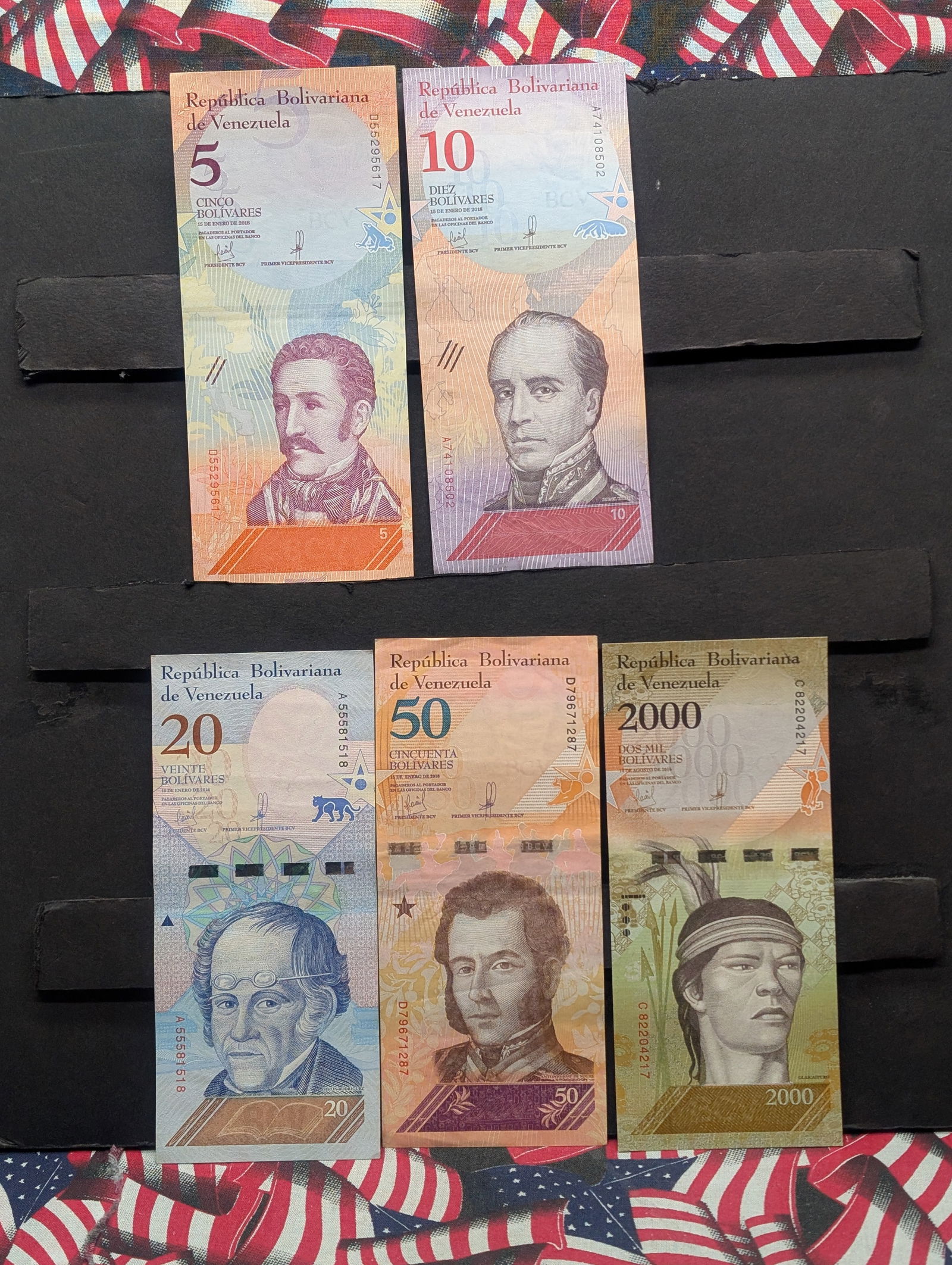 2018 Five, Ten, Twenty, Fifty, & 2016 Two-thousand South American Bolivar Banknotes (1 of 12)