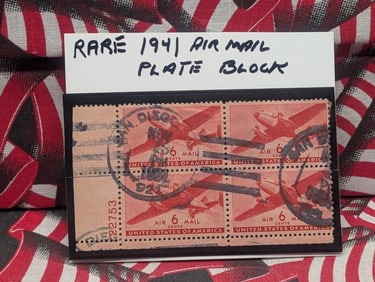 1941 Rare Cancelled U.S. Airmail Plate Block Stamp