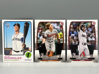2022 Topps Heritage Julio Rodriguez RC #700, 2023 Bowman Gunnar Henderson RC #65, & Corbin Carroll