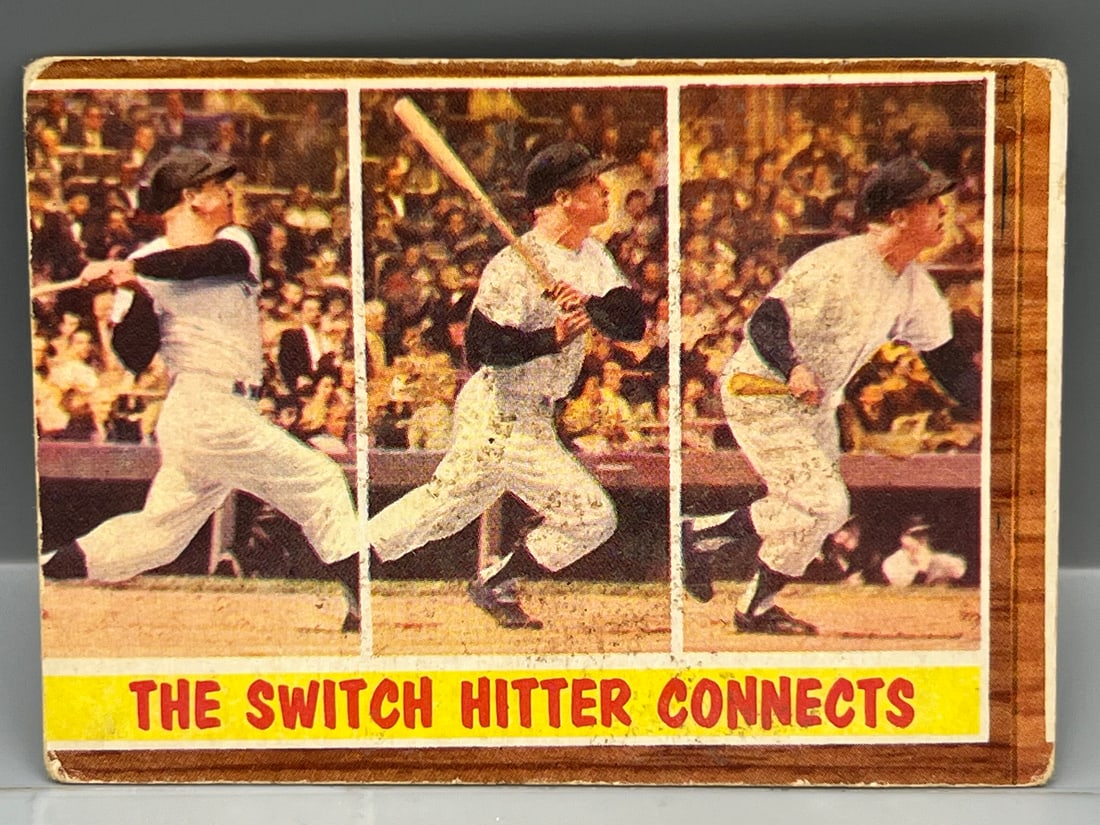 1962 Topps Mickey Mantle The Switch Hitter Connects #318: 1962 Topps Mickey Mantle The Switch Hitter Connects #318