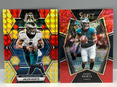 Jalen Hurts 2021 Panini Select Red Disco #/49 & 2023 Panini Mosaic Red Yellow #/80