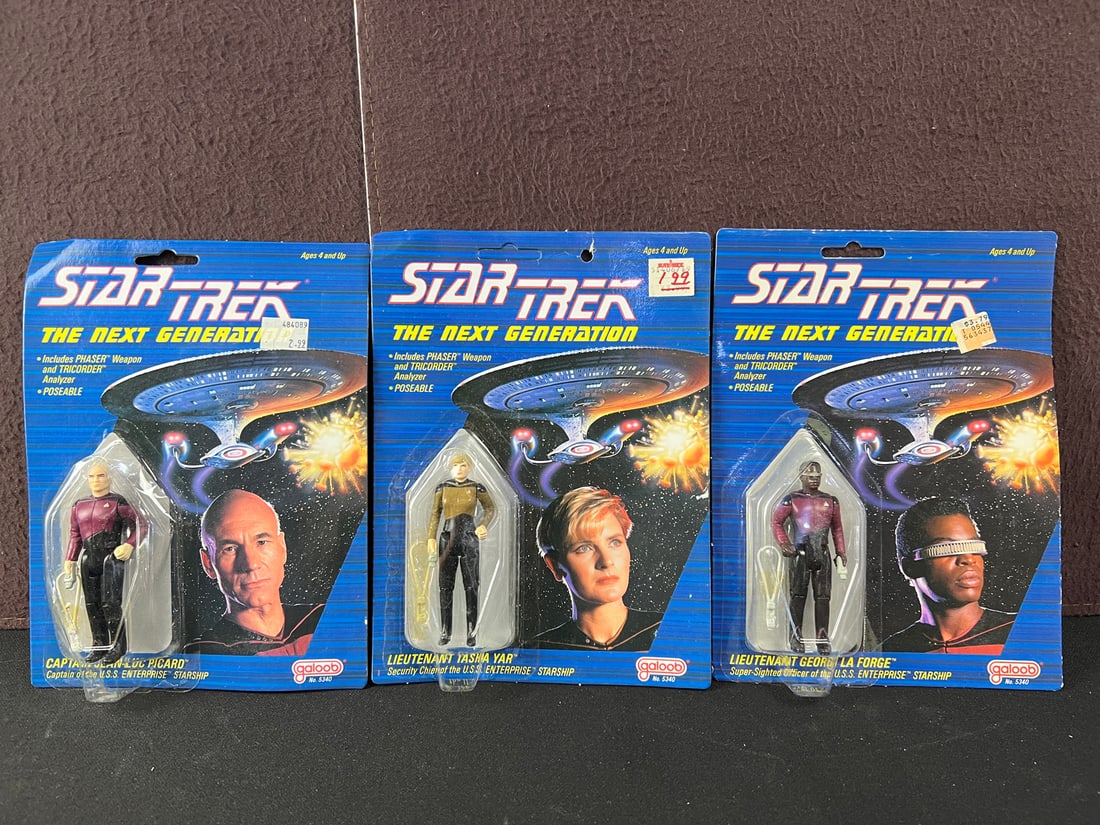 1988 Galoob Star Trek TNG Lof of 3 Action Figures - Sealed on Card - Picard, Tasha Yar, La Forge: 1988 Galoob Star Trek TNG Lof of 3 Action Figures - Sealed on Card - Picard, Tasha Yar, La Forge