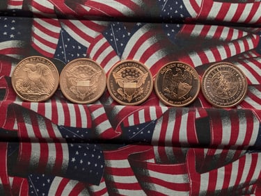 Five 1 Oz. Each .999 FINE COPPER Various Designed Rounds