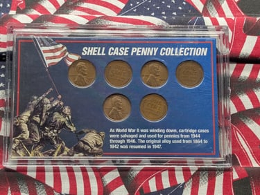 WWII Shell Case Cent Collection in Display - Includes (2) 1944, (2) 1945, & (2) 1946 Lincoln Wheat
