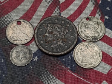 Five Various Vintage U.S. Coins, Includes 1845 Large Cent (Damaged), 1857 & No Date (holed) Three