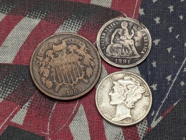 Three Various Vintage U.S. Coins, Includes 1866 Shield Two Cents, 1891-O Seated Liberty Dime, &