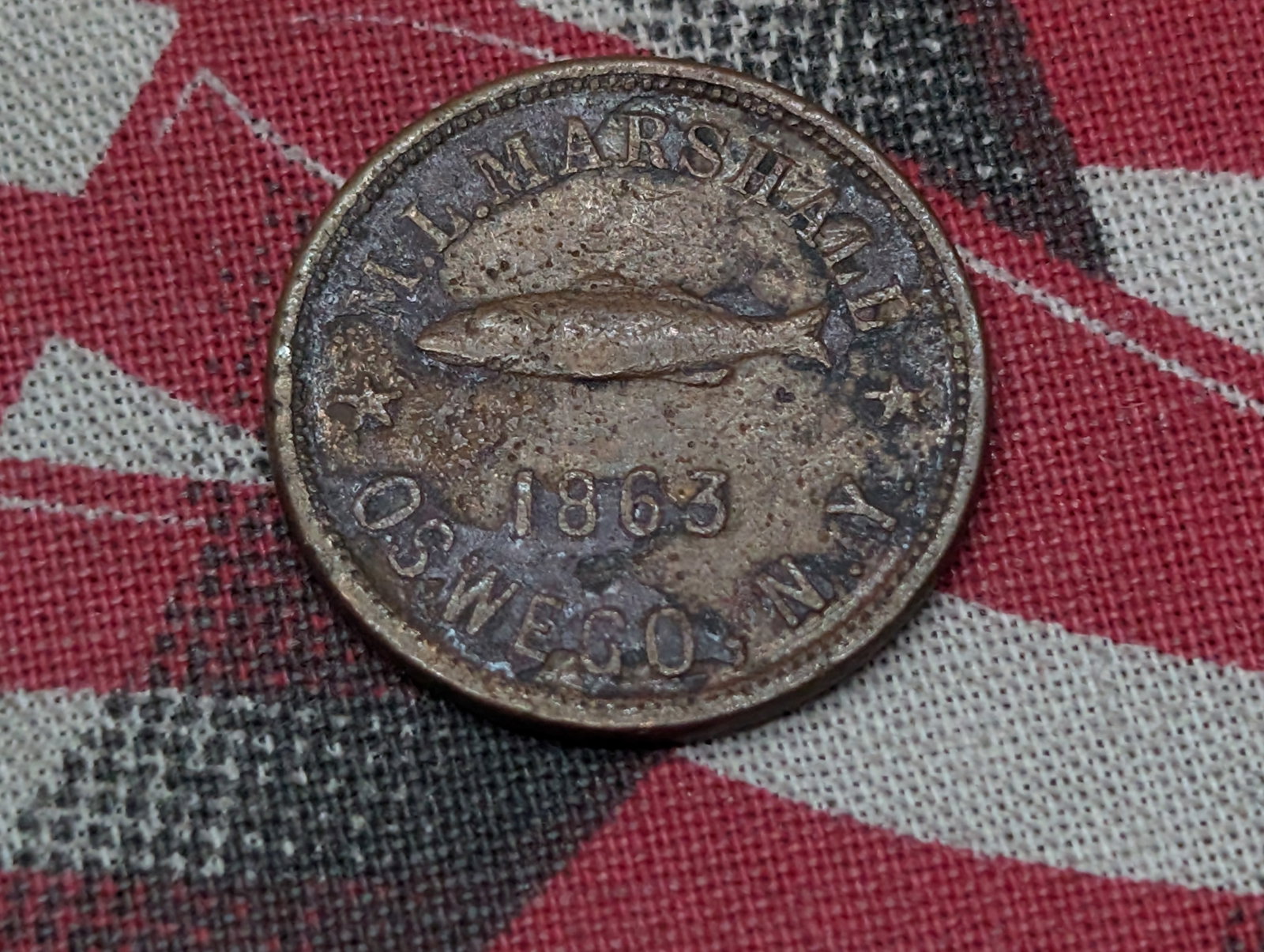 Civil War Token 1863 M.L. Marshall Oswego, New York - Toys, Fancy Goods, Fishing Tackle and Rare: Civil War Token 1863 M.L. Marshall Oswego, New York - Toys, Fancy Goods, Fishing Tackle and Rare Coin