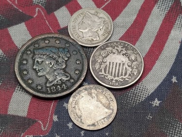 Four Various Vintage U.S. Coins, Includes 1844 Braided Hair Large Cent, 1868 Three Cent Nickel, 1868