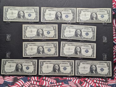 Ten 1935 & 1957 Series $1.00 Silver Certificates - (1) 1935-D, (1) 1935-E, (1) 1935-G, (1) 1957, &