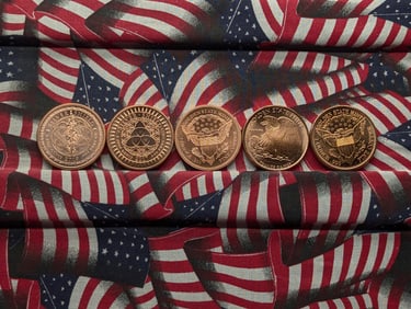 Five 1 Oz. Each .999 FINE COPPER Various Designed Rounds