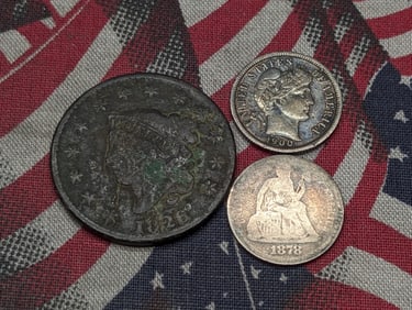 Three Various Vintage U.S. Coins, Includes 1826 Braided Hair Large Cent, 1878 Seated Liberty Dime, &
