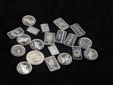 1 Gram Each .999 FINE SILVER Various Designed Miniature Rounds & Art Bars (20 PCS - 20 Grams Total)