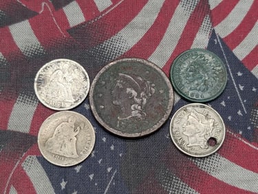 Five Various Vintage U.S. Coins, Includes 1843 Braided Hair Large Cent, 1866 Three Cent Nickel