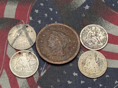Five Various Vintage U.S. Coins - 1851 Braided Hair Large Cent, 1876, 1883, 1884 No Date Seated