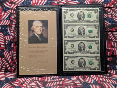 Uncut Sheet of Four 2003 A Series US $2.00 Federal Reserve Notes in Display Book