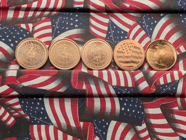 Five 1 Oz. Each .999 FINE COPPER Various Designed Rounds