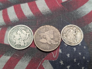 Three Various Vintage U.S. Coins, Includes 1838 Seated Liberty Dime, 1857 Flying Eagle Cent, & 1867