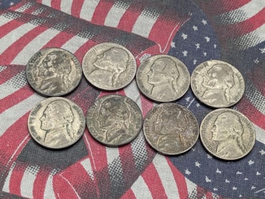 (8) 35% Silver Wartime Jefferson Nickels 1942 P&S, 1943 P&S , 1944-P, 1945 P,D,S