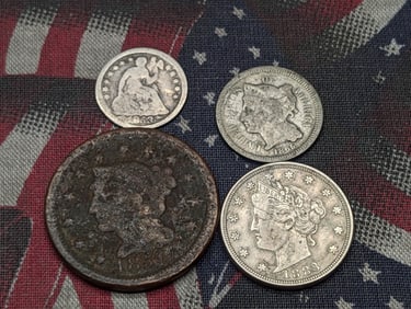 Four Various Vintage U.S. Coins, Includes 1851 Braided Hair Large Cent, 1853 Seated Liberty Half