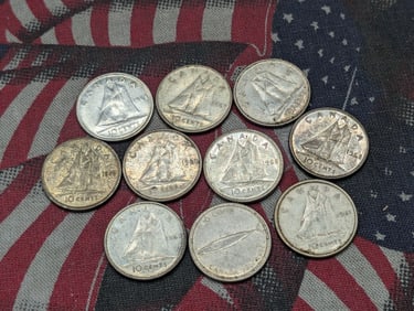 (8) Canadian Dimes, (1) 1967 & (7) 1968 (50% Silver), (1) 1945 (80% Silver ), (1) 1961 (80% Silver)