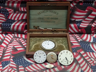 Grab Bag of Various Watch Parts & Wooden Watch Display Box