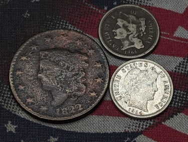 Three Various Vintage U.S. Coins, Includes 1822 Braided Hair Large Cent, 1865 Three Cent Nickel, &