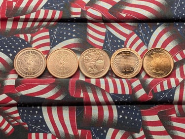 Five 1 Oz. Each .999 FINE COPPER Various Designed Rounds