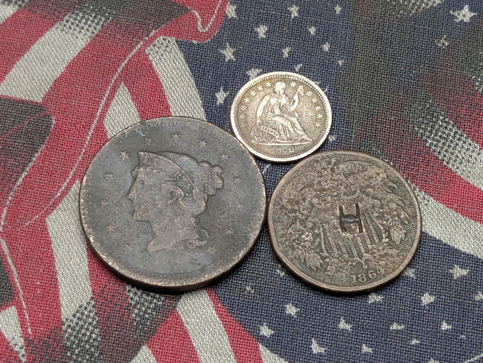 Three Various Vintage U.S. Coins, Includes No Date Braided Hair Large Cent, 1864 Shield Two Cent (1 of 2)