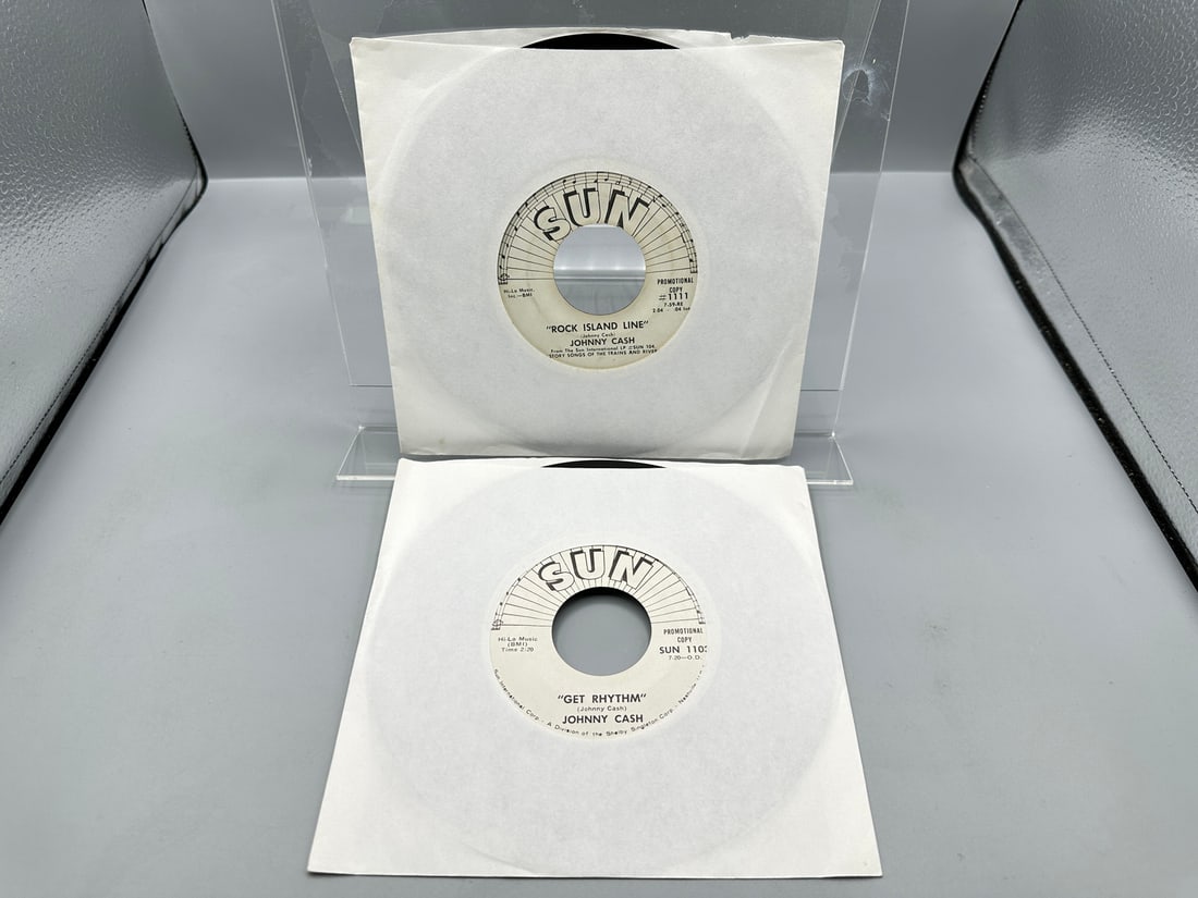 Johnny Cash (Two (2) 7-inch 45 rpm Sun white label promo lot): Get Rhythm (1969); and Rock Island (1 of 4)