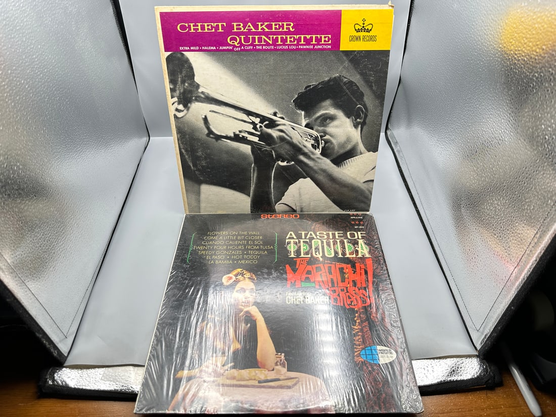 Chet Baker (2 LP Lot): Chet Baker Quintette (1963), top seam has 2-inch split; and A Taste of: Chet Baker (2 LP Lot): Chet Baker Quintette (1963), top seam has 2-inch split; and A Taste of Tequila - The Mariachi Brass featuring Chet Baker (1966), in original shrinkwrap - Records are untested by