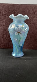 1997 Fenton Irises Misty Blue Iridescent Satin Feather Vase, Signed By The Artist S. Stephens