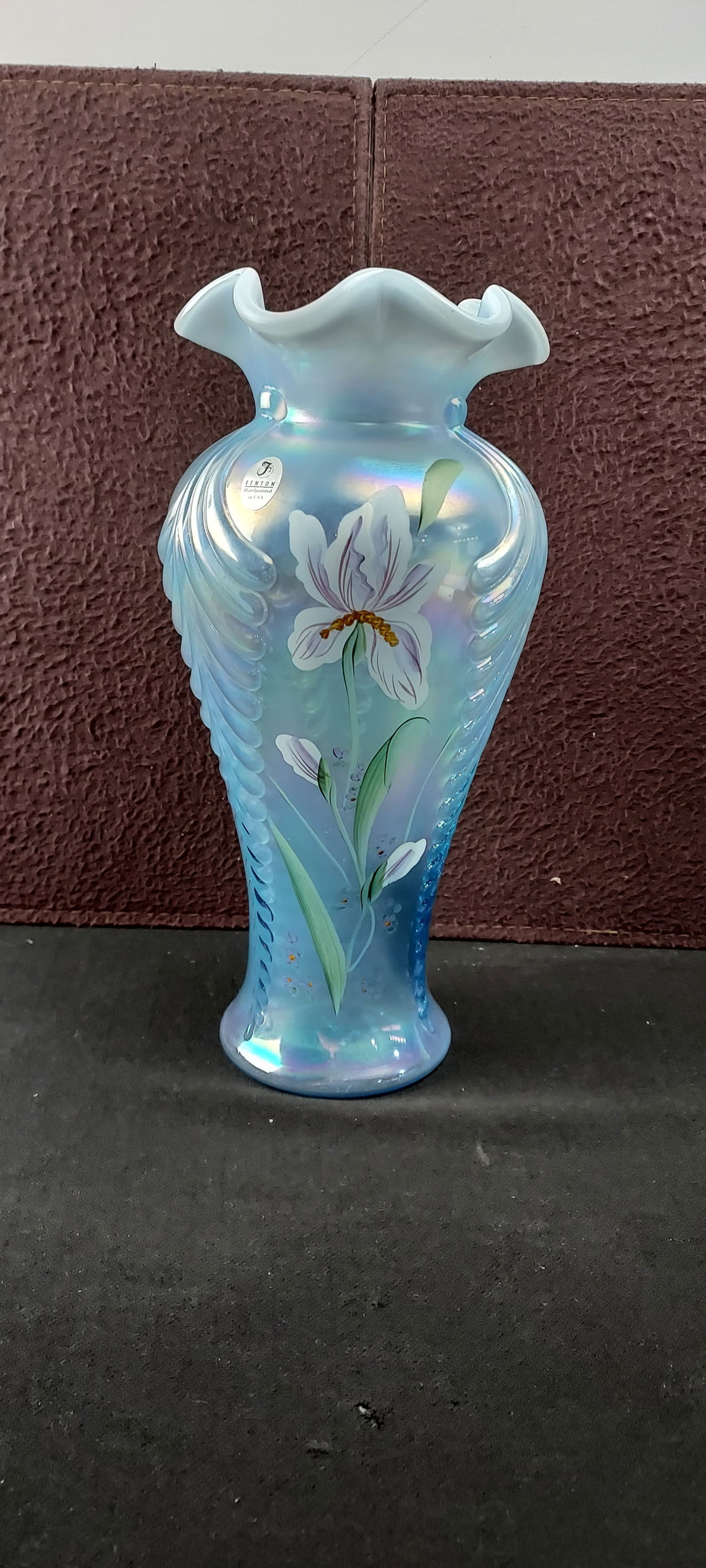 1997 Fenton Irises Misty Blue Iridescent Satin Feather Vase, Signed By The Artist S. Stephens