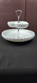 Vintage Fenton Milk Glass Hobnail Silver Crest Two-Tier Divided Tidbit Server