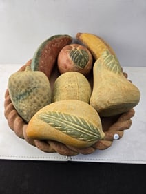 A Lot of Mid Century Vintage Hand Painted Mexican Terra Cotta Fruit and Braided Bowl, 8 Pieces