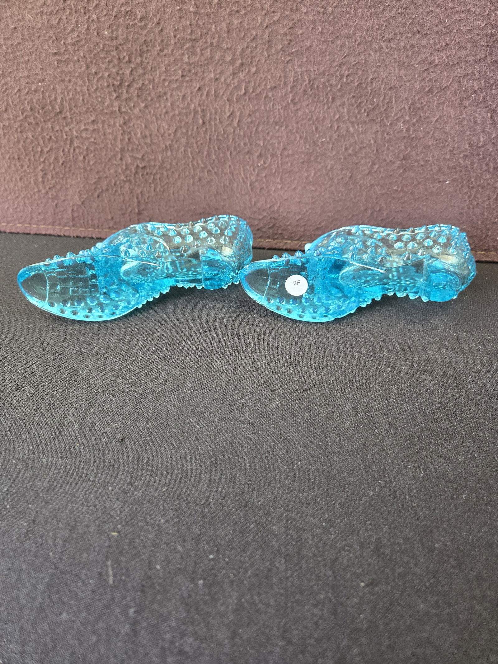 Vintage Fenton Art Glass Blue Opalescent Hobnail Cat Head Slipper Shoes, A Pair (1 of 4)