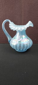 1997 Fenton Art Glass Misty Blue Iridescent Pitcher, Hand-Painted Irises, Signed By D. Anderson