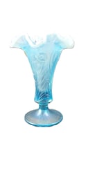 Fenton Art Glass Blue Opalescent Iridescent Daffodil Footed Ruffled Vase