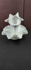 Vintage Fenton Milk Glass Hobnail Diamond Lace 3-Horn Epergne 4-Piece Centerpiece
