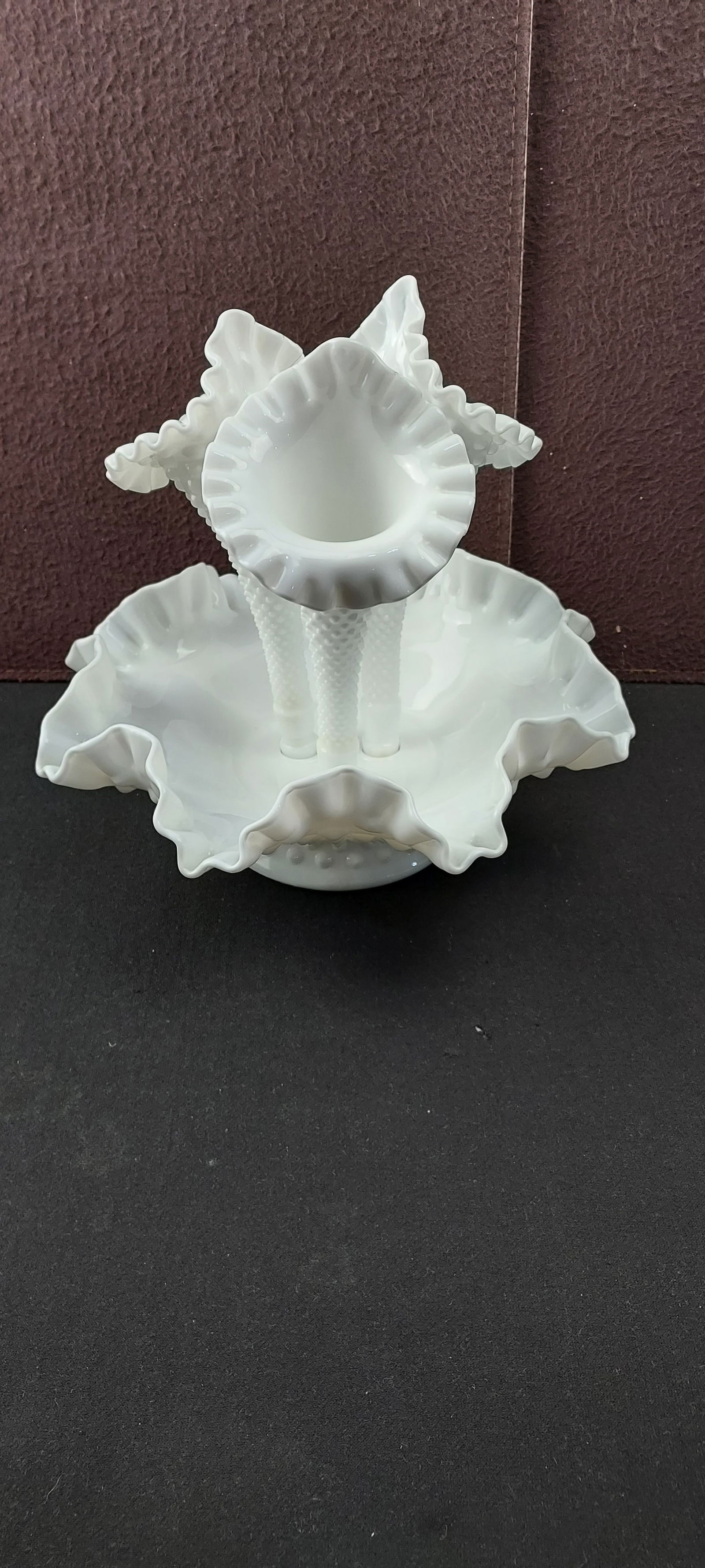 Vintage Fenton Milk Glass Hobnail Diamond Lace 3-Horn Epergne 4-Piece Centerpiece (1 of 11)