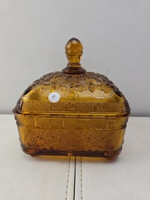 Vintage Indiana Glass Tiara Exclusive Amber Honey Bee Hive Covered Candy Dish