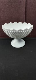 Fenton Milk Glass Hobnail Footed Compote with Scalloped Rim