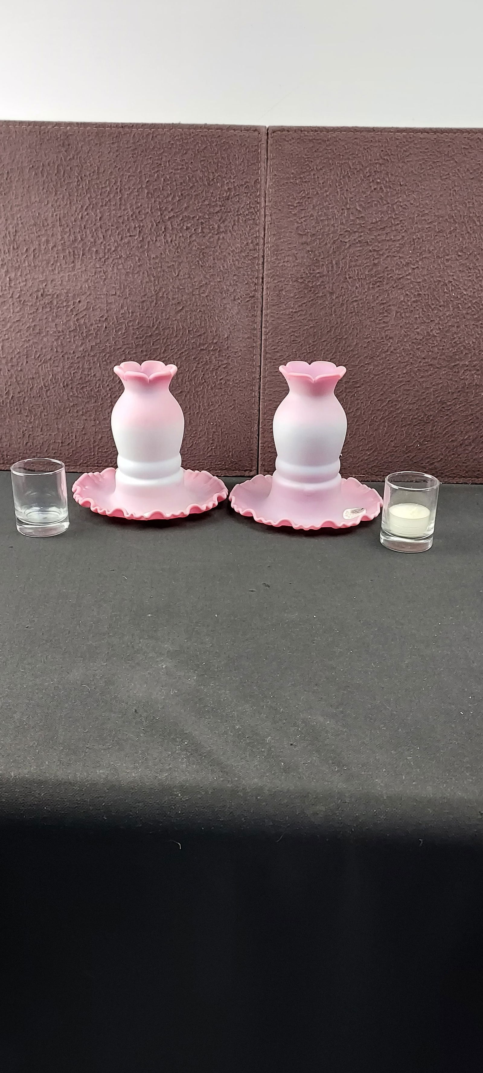 Pair of Fenton Art Glass Burmese Peach Crest Fairy Lamp Candle Holders (FAGCA RV17) (1 of 13)