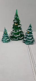 Set of Three 1992 Fenton Green Glass Snow Flocked Christmas Trees, Two with Gold Birds, One with