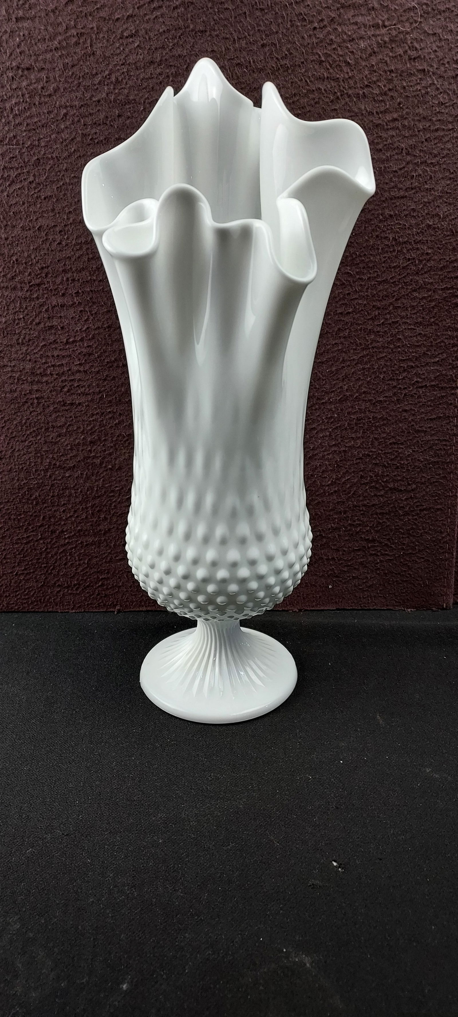 Fenton Hobnail Milk Glass #3755 Swung Handkerchief Pedestal Vase: This is a genuine Fenton Hobnail Milk Glass #3755 Swung Handkerchief Pedestal Vase. The piece is crafted from opaque white milk glass, featuring a distinctive hobnail texture prominently displayed on