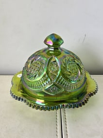 L.E. Smith Carnival Glass Iridescent Green Aztec Sunburst Covered Butter Dish