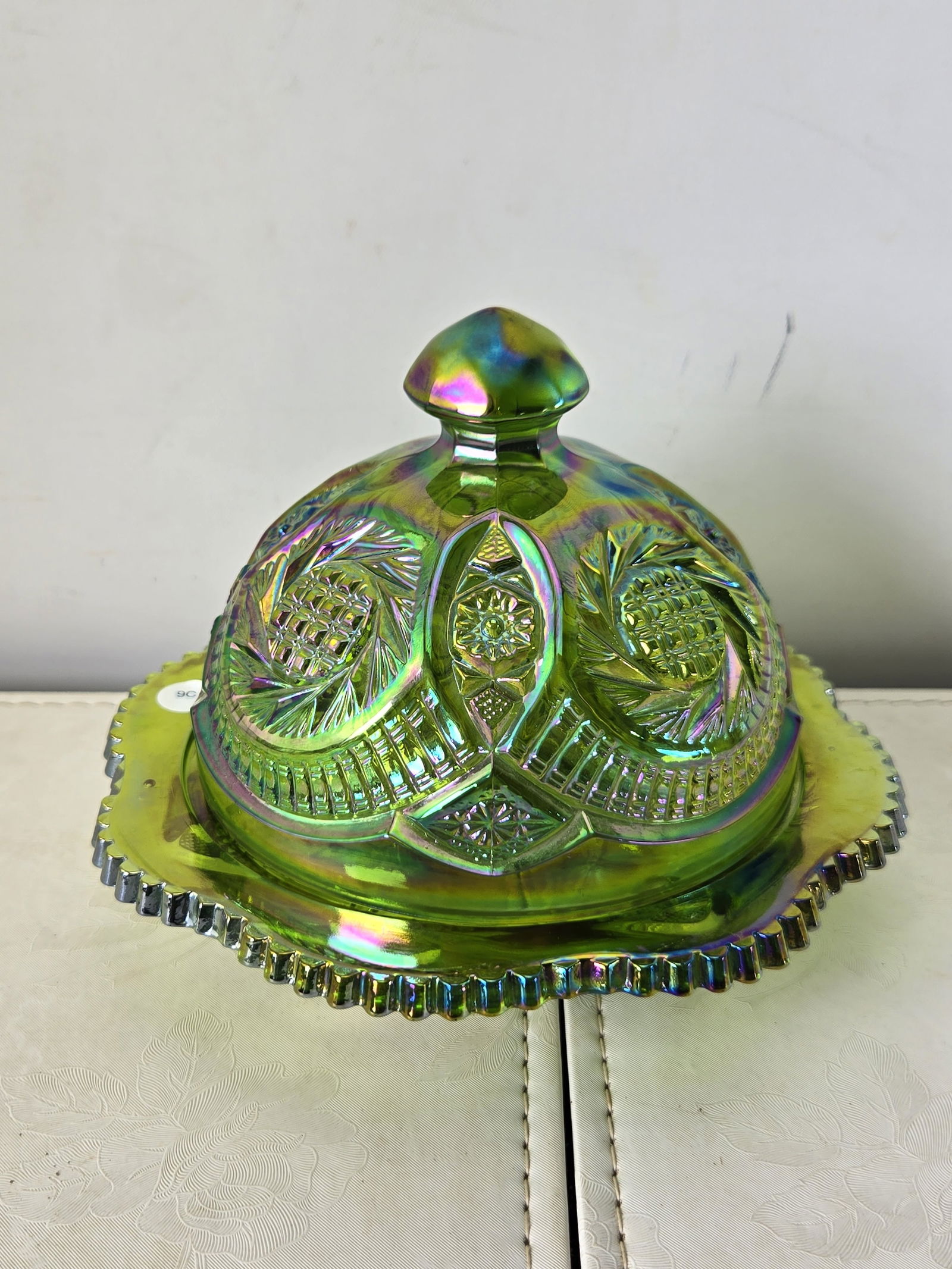 L.E. Smith Carnival Glass Iridescent Green Aztec Sunburst Covered Butter Dish (1 of 6)
