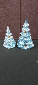 A Pair of Fenton Art Glass Blue Iridescent Flocked Christmas Trees with Gold Squirrels