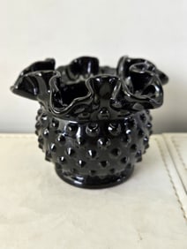 Vintage Fenton Ebony Black Hobnail Ruffled Compote